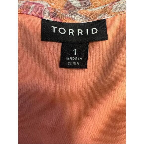 Torrid 1x Lace Up Tea Length Dress Crinkle Gauze Floral Coral dress flutter - Picture 6 of 7